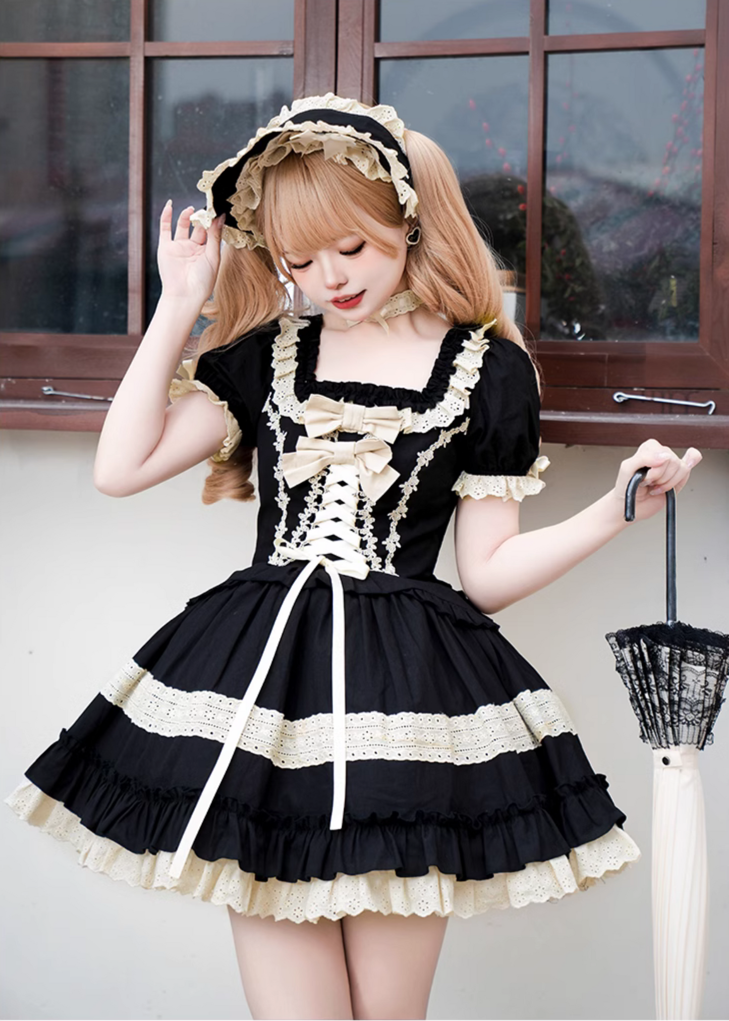 Seventh Night Chapter Front Ribbon Dress with Inner Skirt, Attached Sleeves, and Choker