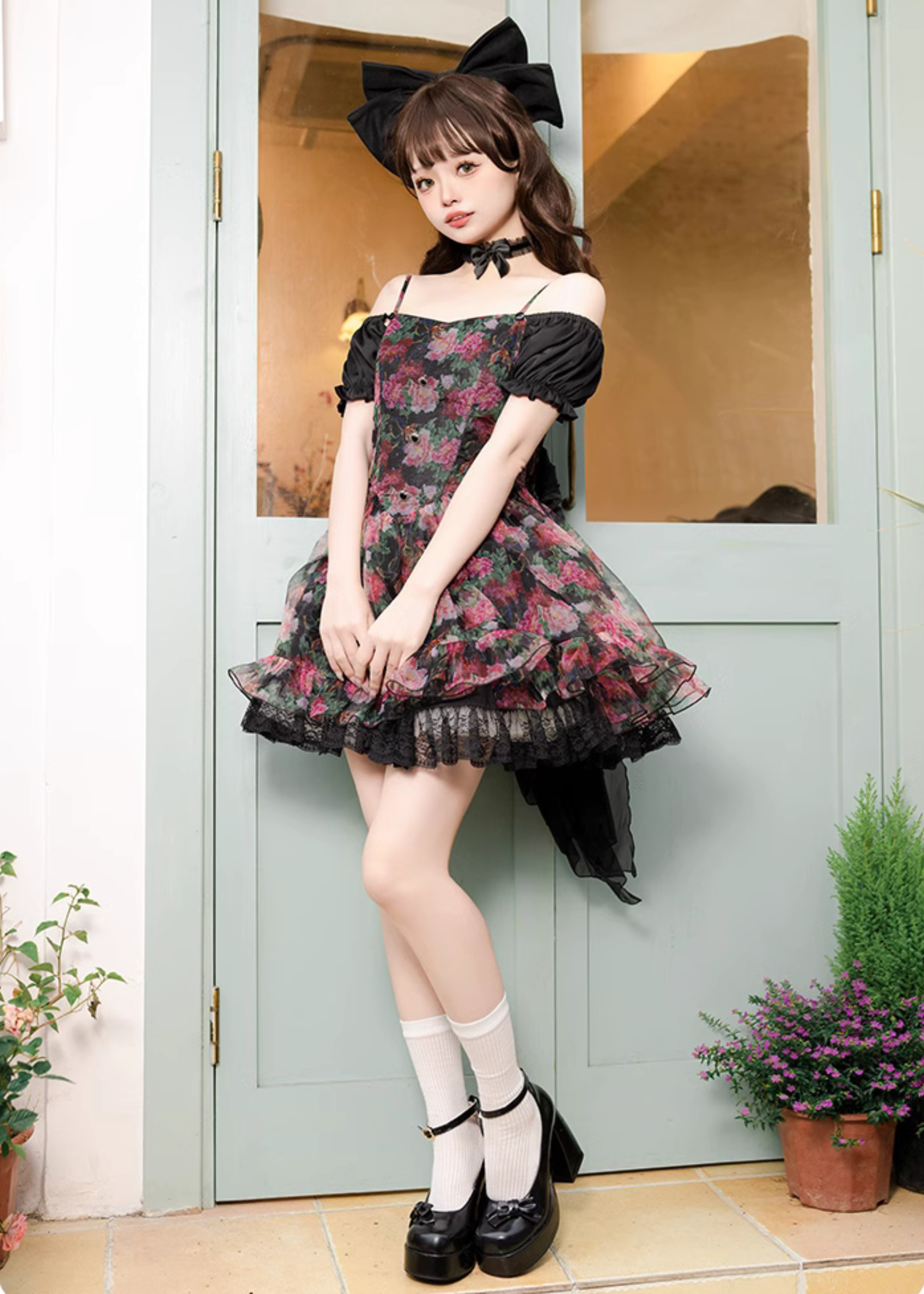 牡丹の花咲く3wayブラックミニワンピース