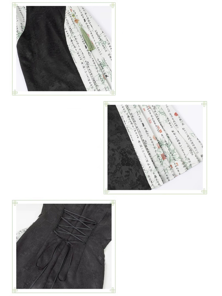 白緑 竹模様のスリット風ロングワンピース