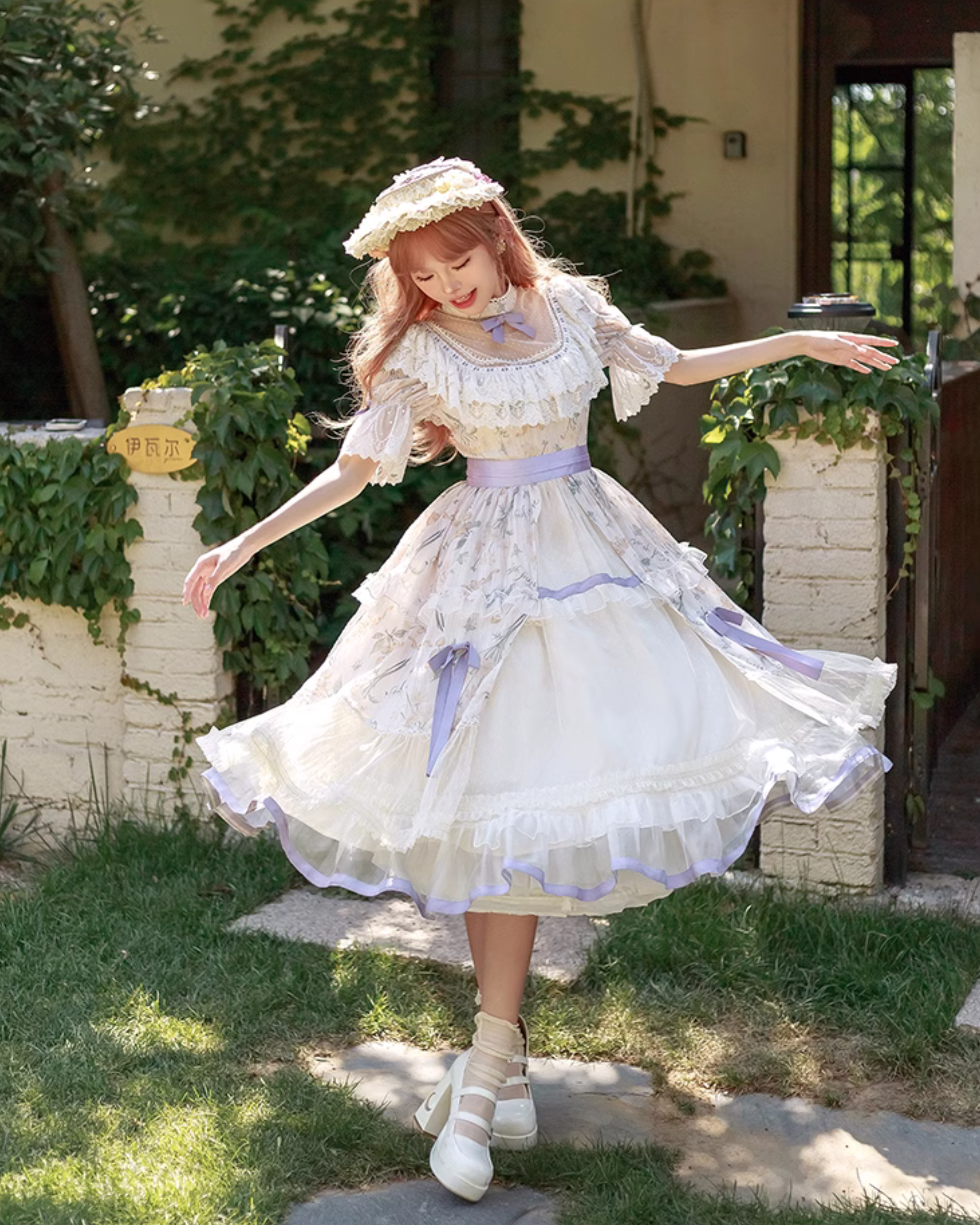 Four Seasons Inflorescenceラベンダーカラー半袖ワンピース