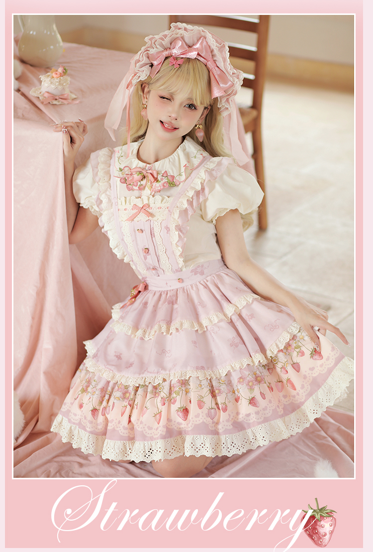 Strawberry Chiffon 胸当て付き三段スカート