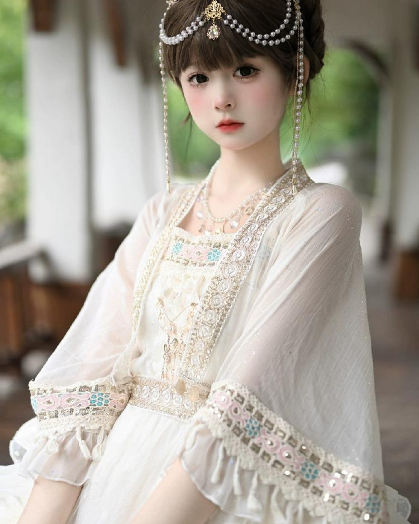 3 piece chiffon dress set with Chinese embroidery ribbon