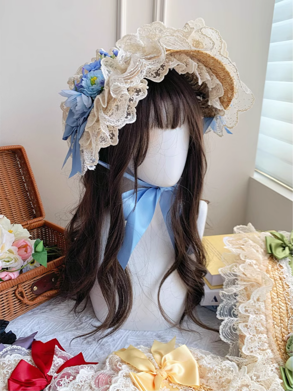 薔薇とリボンのストローハットボンネット