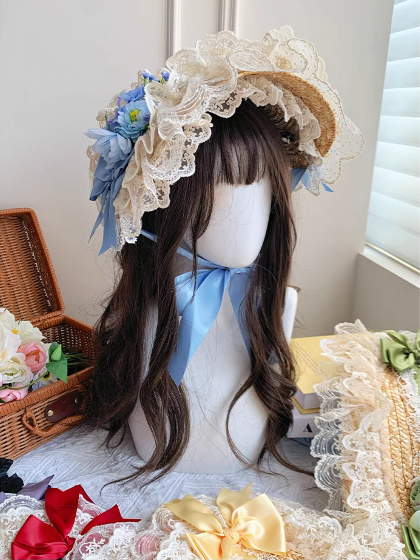 Straw hat bonnet with roses and ribbons