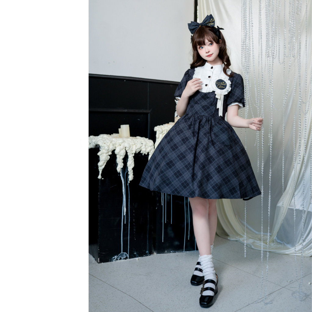 レトロガール サマーチェックワンピース リボンカチューシャ付き