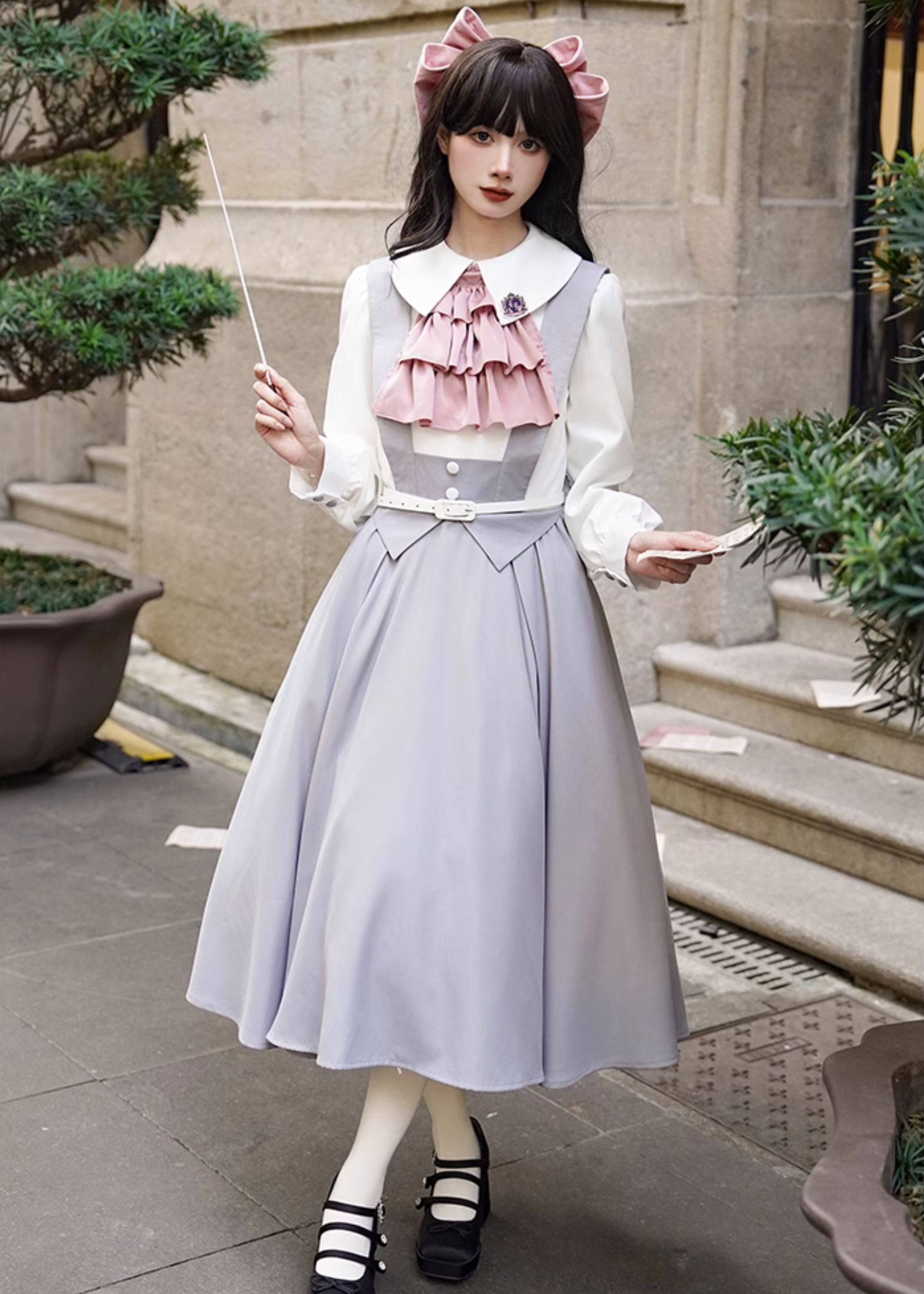 Pink Gray 学院風フェイクツーピースワンピース4点セット