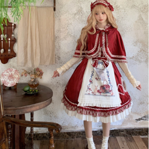 レトロガーリージャンパースカート エプロンとケープ付き 全2色