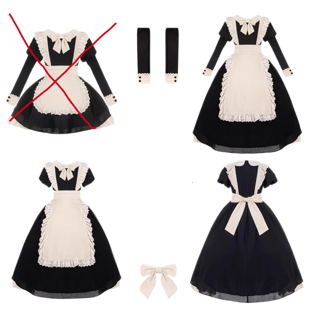 【unaちゃん着用】クラシカルエプロンのメイド風ワンピース ロング丈 アームスリーブ付き