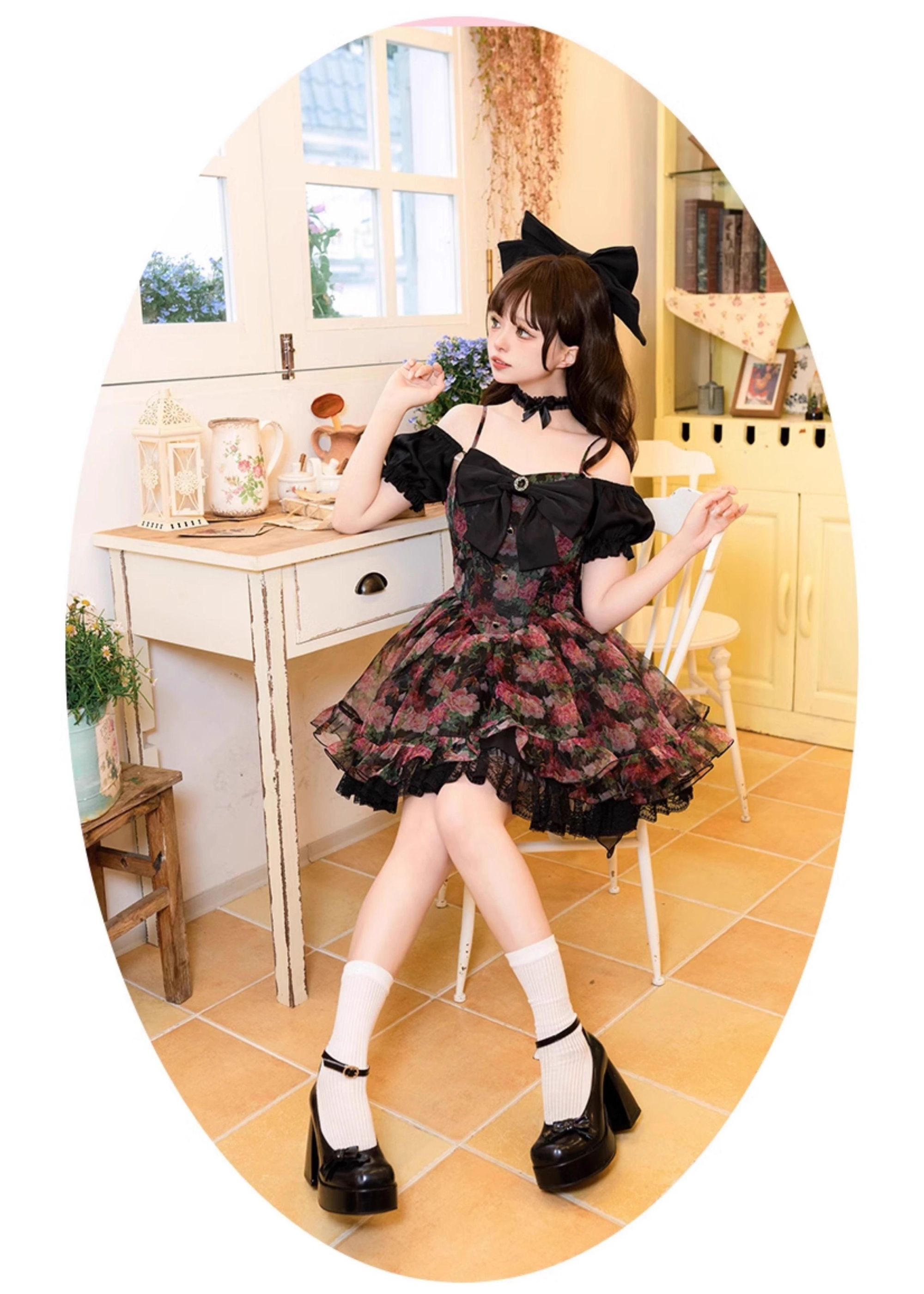 牡丹の花咲く3wayブラックミニワンピース
