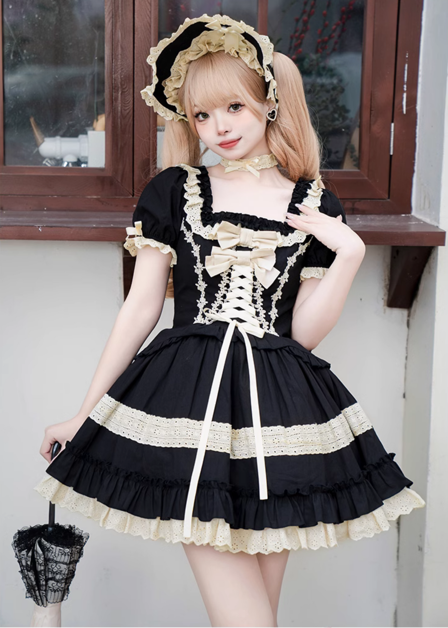 Seventh Night Chapter Front Ribbon Dress with Inner Skirt, Attached Sleeves, and Choker