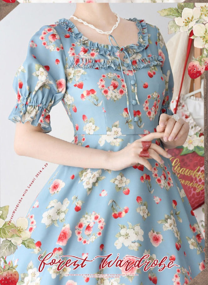 Early Summer Strawberry Picture Book One-Piece Dress with Ribbon Hair Accessory