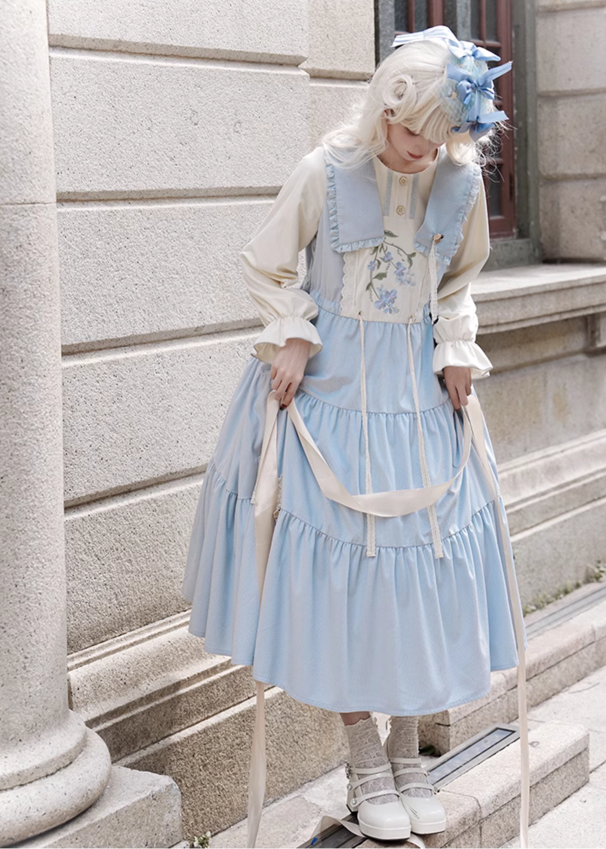 Myosotis 勿忘草色の重ね着風ワンピース