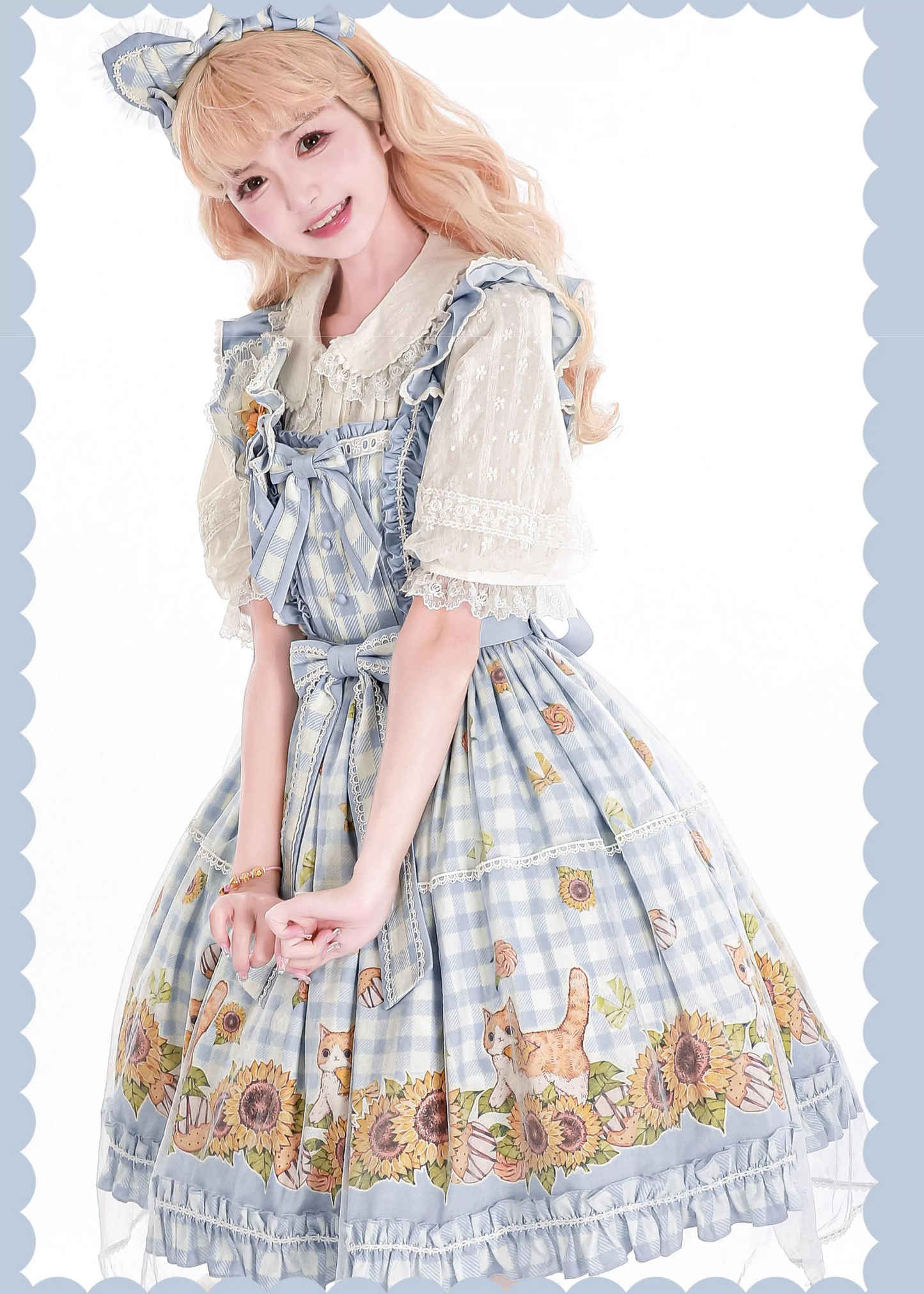 Cat and Sunflower Gingham Check Jumper Skirt Available in 3 Colors