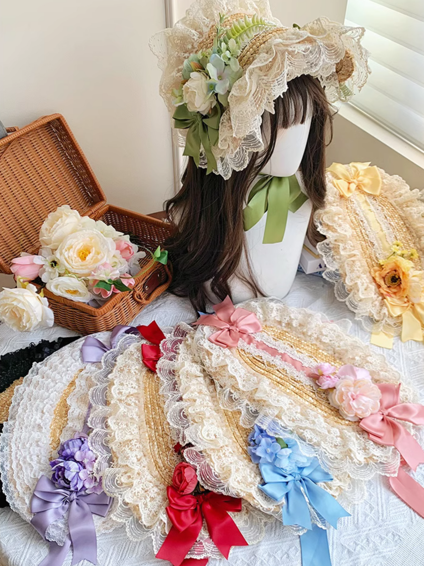 Straw hat bonnet with roses and ribbons