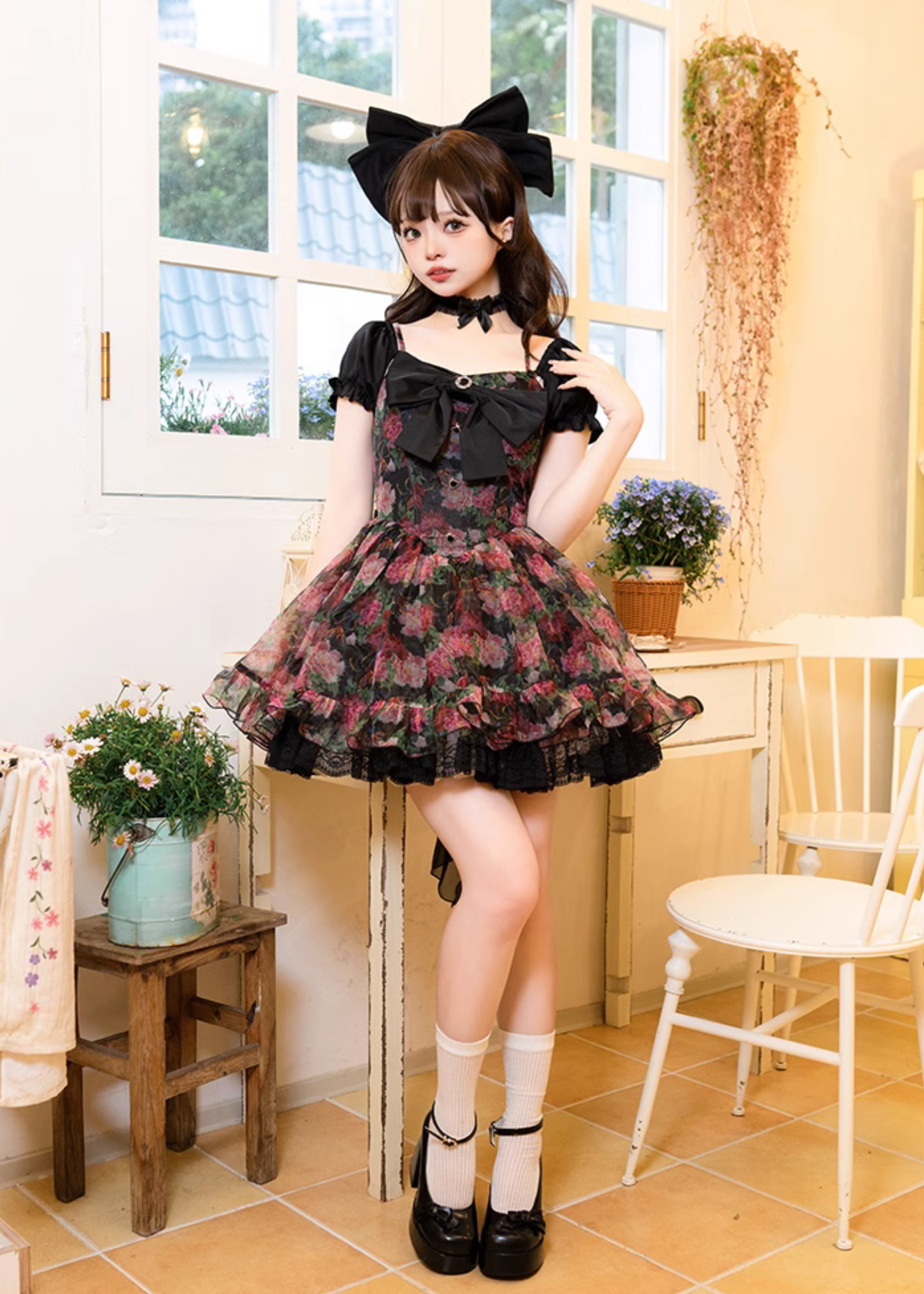 牡丹の花咲く3wayブラックミニワンピース