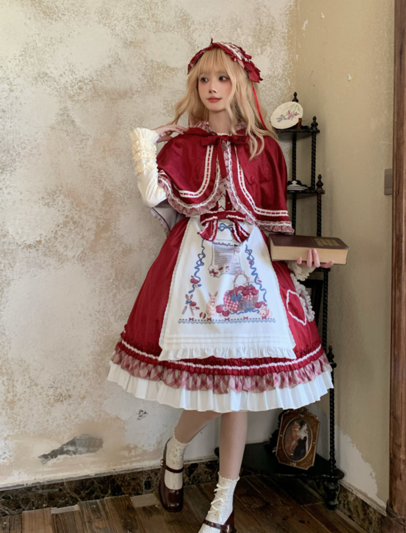 レトロガーリージャンパースカート エプロンとケープ付き 全2色