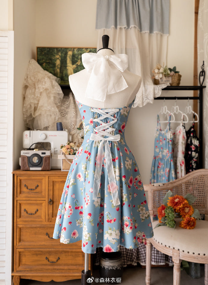 Early Summer Strawberry Picture Book Halter Neck Jumper Skirt with Ribbon Hair Accessory