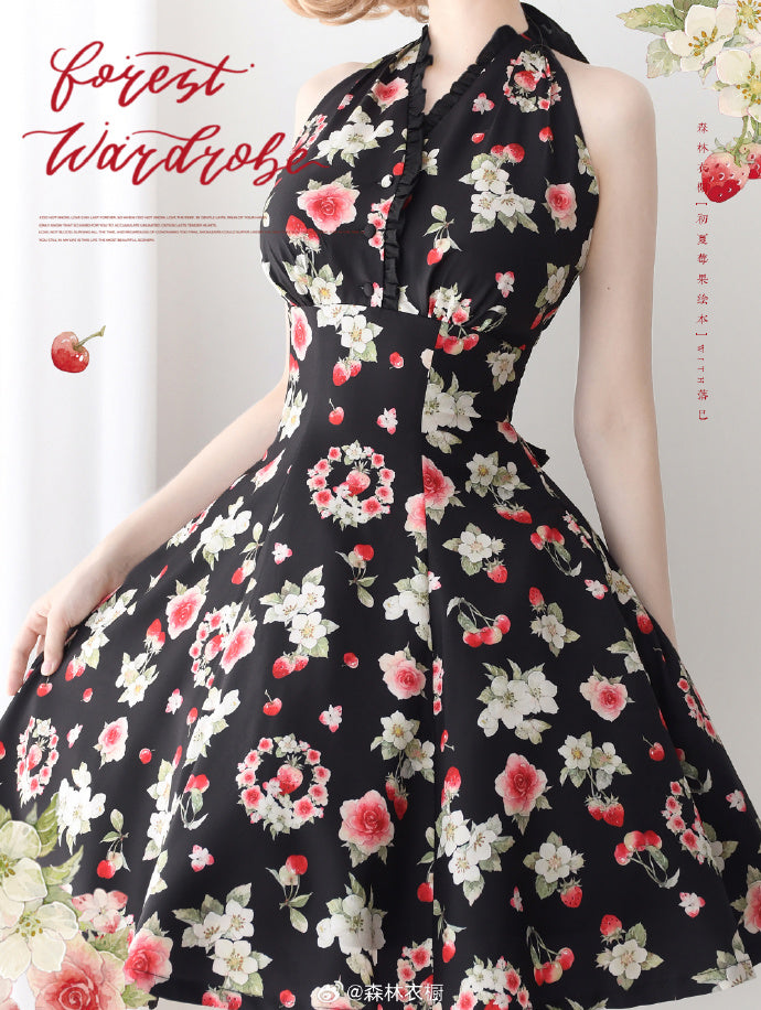 Early Summer Strawberry Picture Book Halter Neck Jumper Skirt with Ribbon Hair Accessory