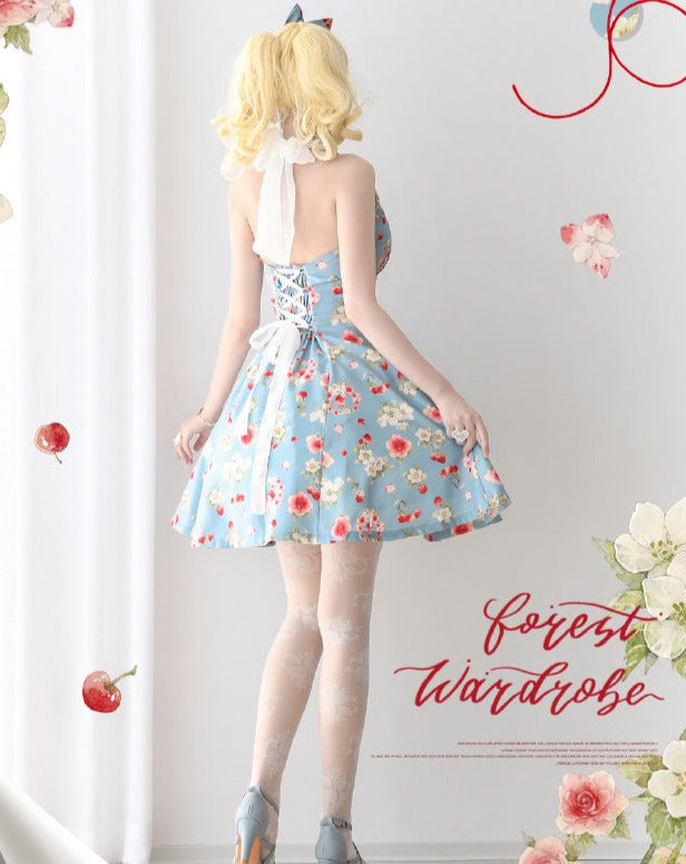 Early Summer Strawberry Picture Book Halter Neck Jumper Skirt with Ribbon Hair Accessory