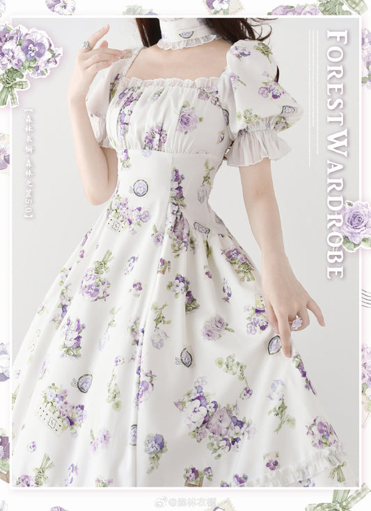 Forest Basket5.0 Classical Dress, Viola White, with Choker and Hair Accessory