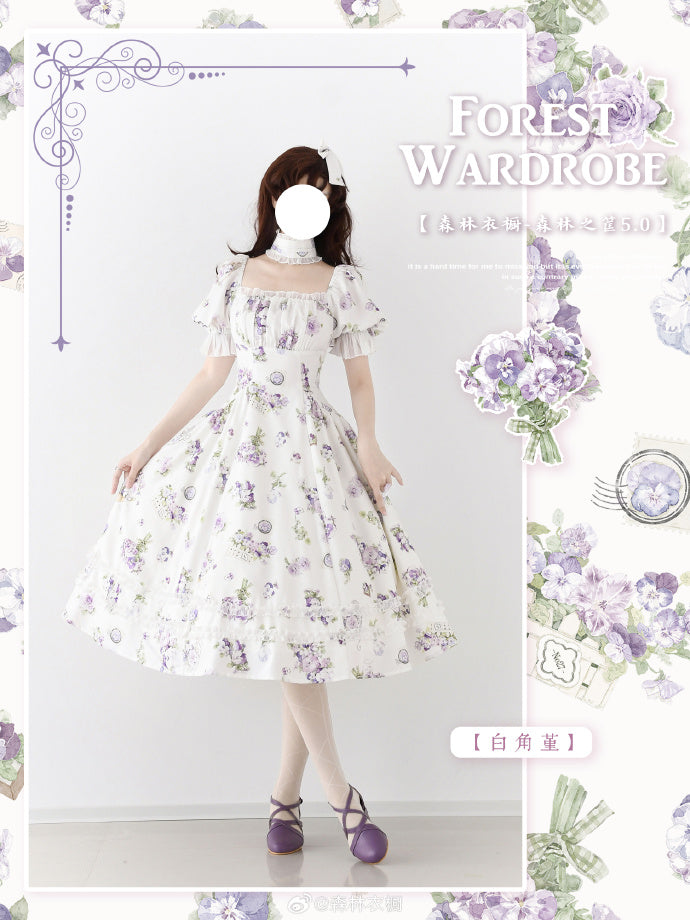 Forest Basket5.0 Classical Dress, Viola White, with Choker and Hair Accessory