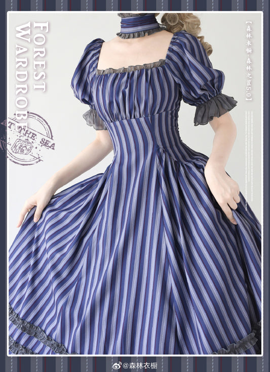 [Pre-order] Forest Basket 5.0 Classical One-piece Dress, Blue Stripes, with Choker and Hair Accessory