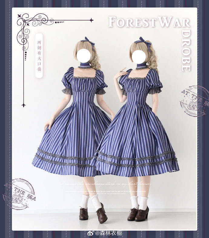 [Pre-order] Forest Basket 5.0 Classical One-piece Dress, Blue Stripes, with Choker and Hair Accessory