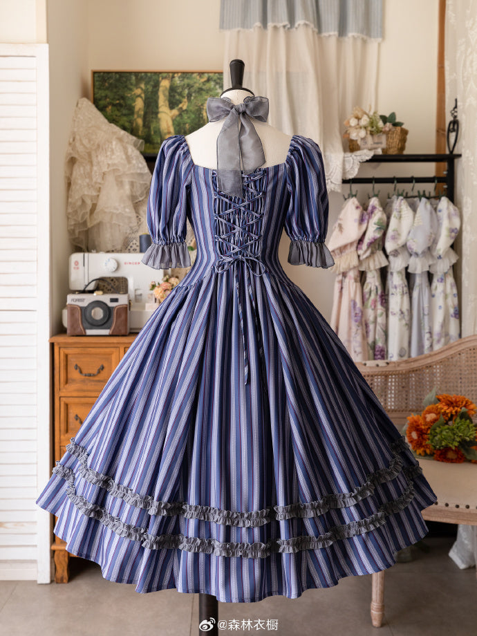 [Pre-order] Forest Basket 5.0 Classical One-piece Dress, Blue Stripes, with Choker and Hair Accessory