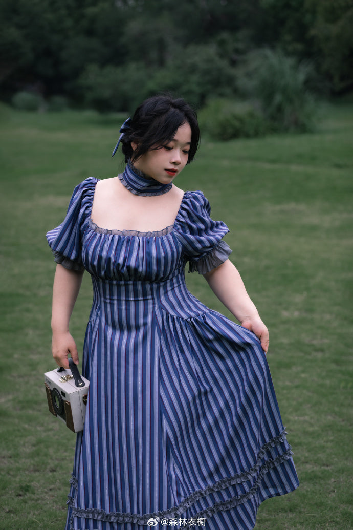 【予約販売】Forest Basket5.0 クラシカルワンピース・ブルーストライプ・チョーカーとヘアアクセ付き