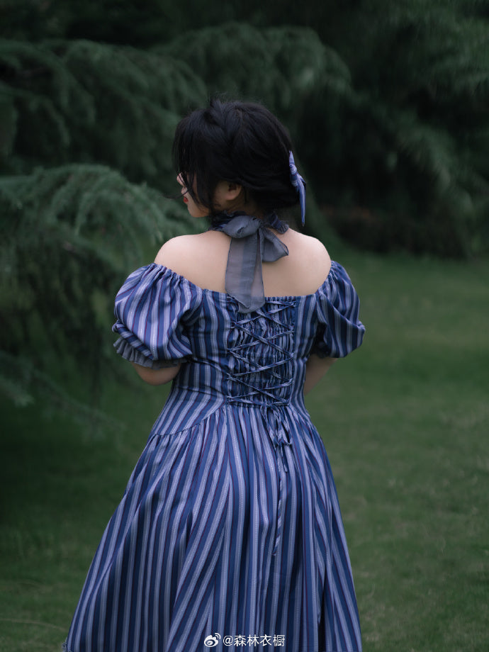 【予約販売】Forest Basket5.0 クラシカルワンピース・ブルーストライプ・チョーカーとヘアアクセ付き