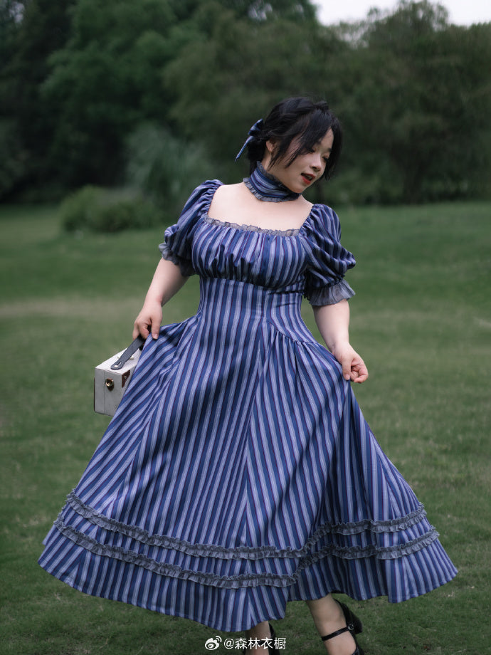 [Pre-order] Forest Basket 5.0 Classical One-piece Dress, Blue Stripes, with Choker and Hair Accessory