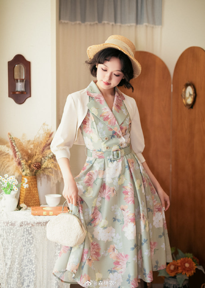 Afternoon Forest Retro Elegant American Sleeve Jumper Skirt with Hair Accessory