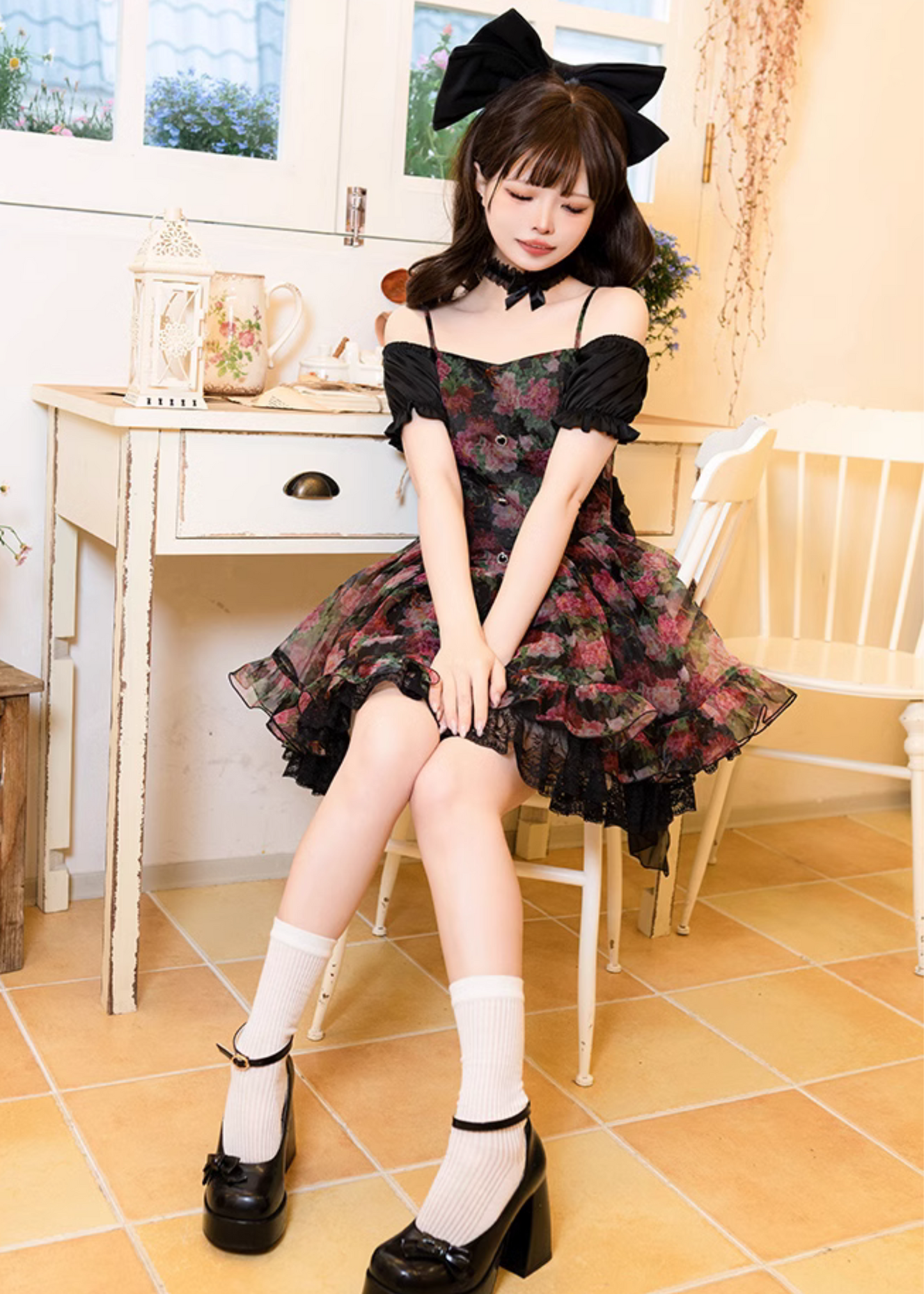 Peony flower 3way black mini dress