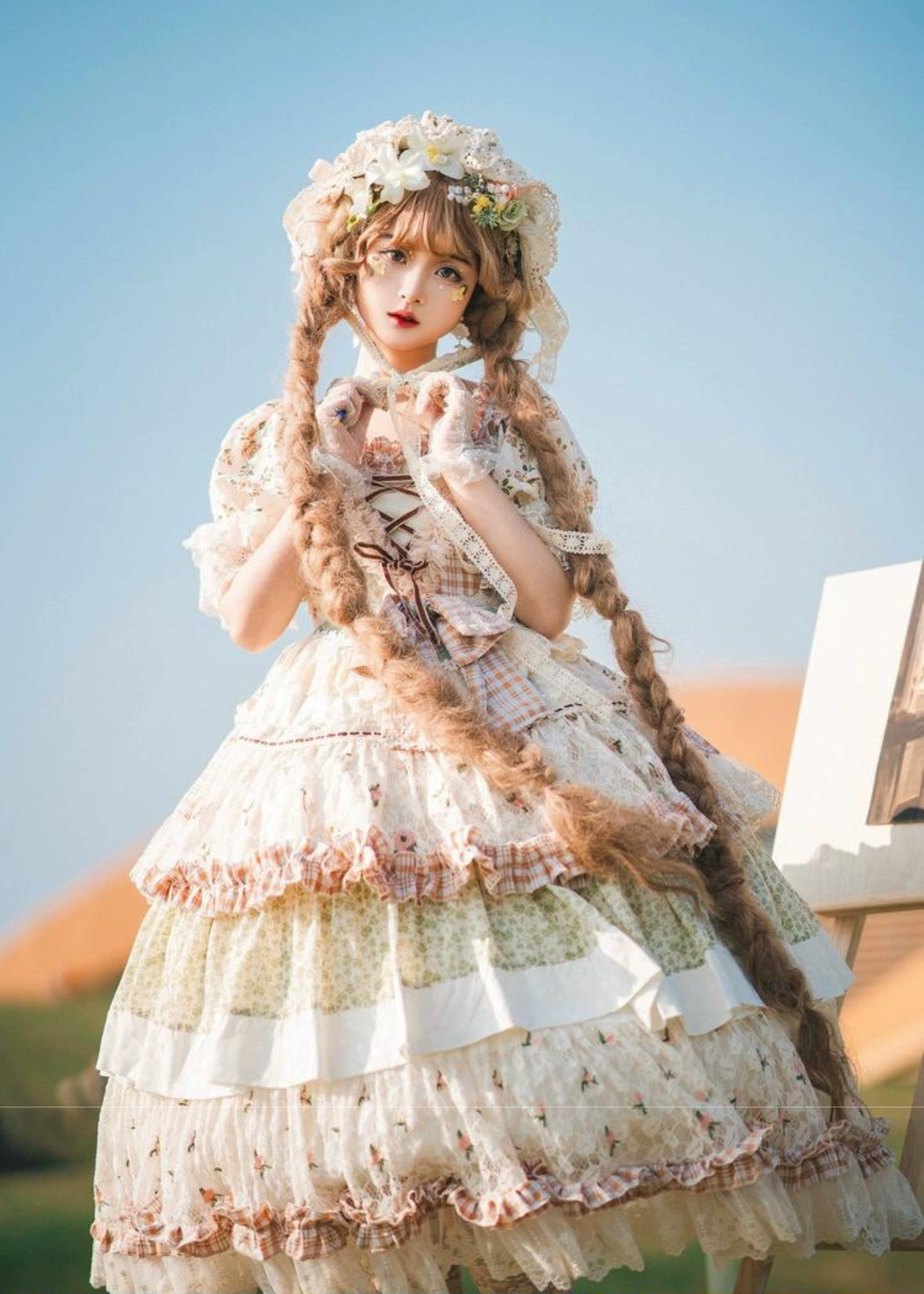 小花柄フレンチカントリーワンピース ヘッドドレス・エプロン付き