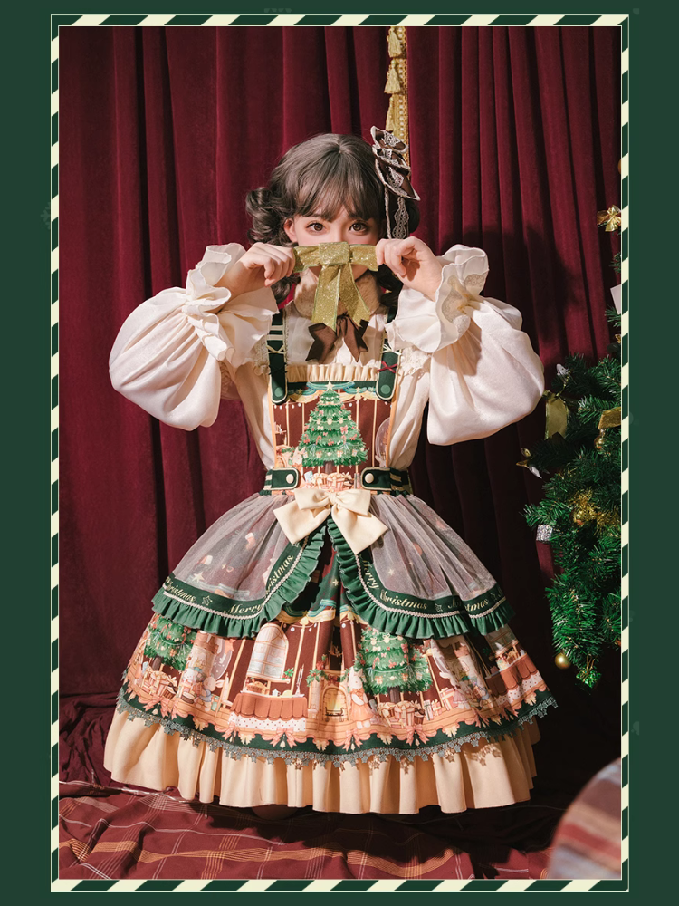 ネザーランドドワーフとクリスマスツリーのジャンパースカート ファーティペット付