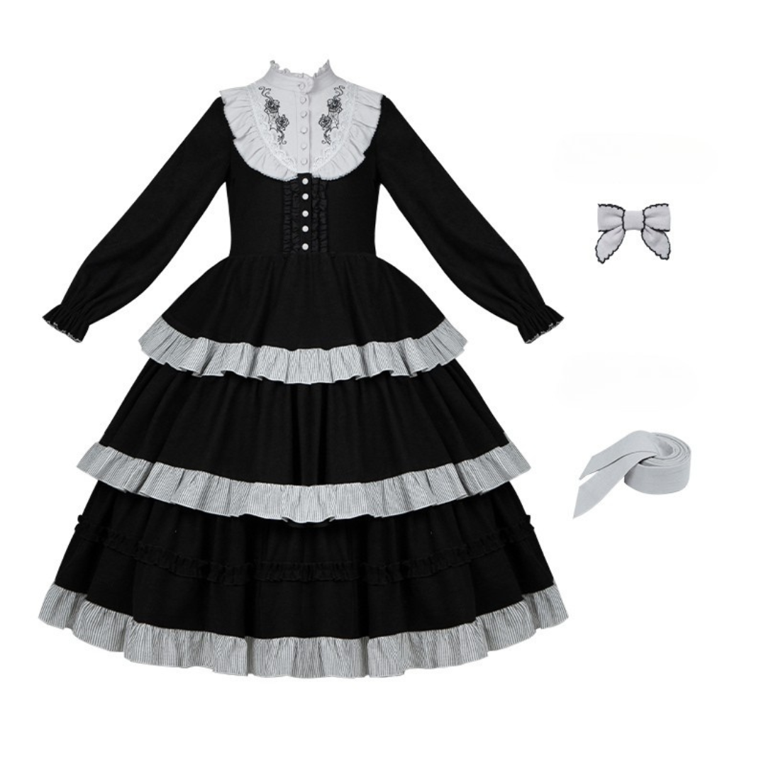 Monochrome Night Rose Embroidered Dress and Apron