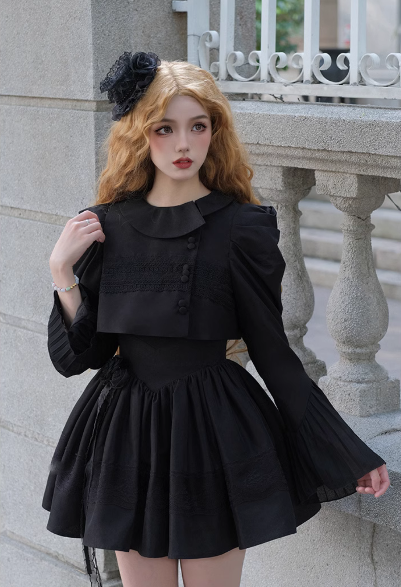 Black rose embroidered collar jumper skirt and jacket, short length