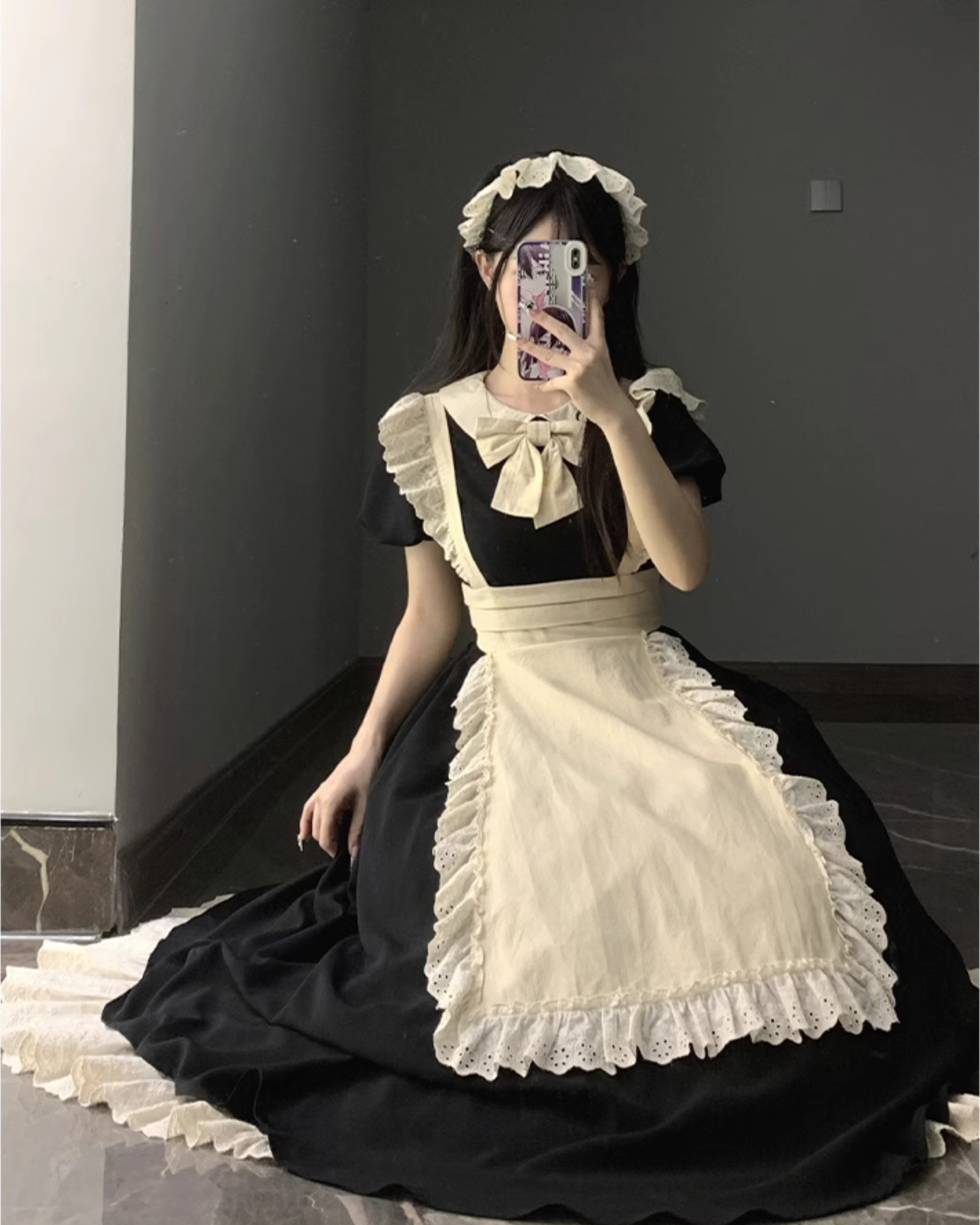 【unaちゃん着用】クラシカルエプロンのメイド風ワンピース ロング丈 アームスリーブ付き