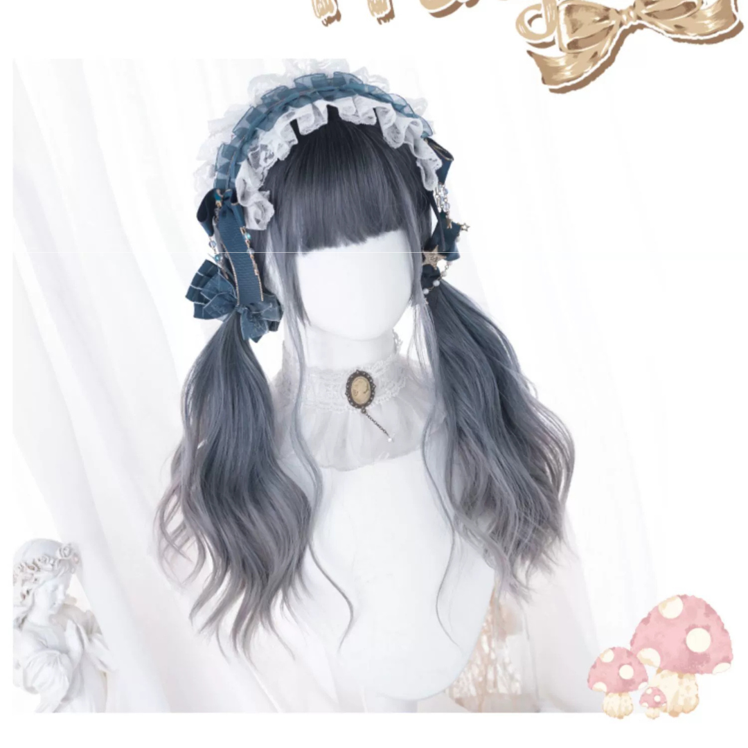 Lolita wig, blue-gray, fluffy, long curls