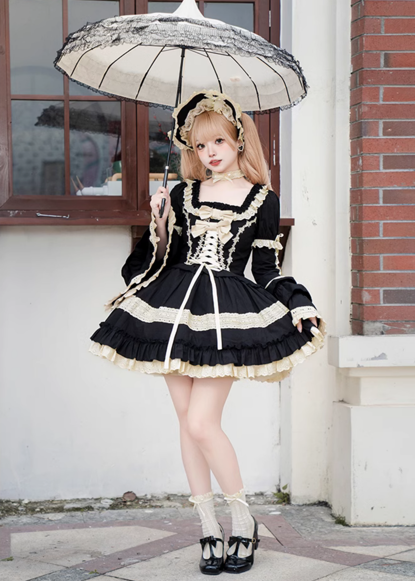 Seventh Night Chapter Front Ribbon Dress with Inner Skirt, Attached Sleeves, and Choker