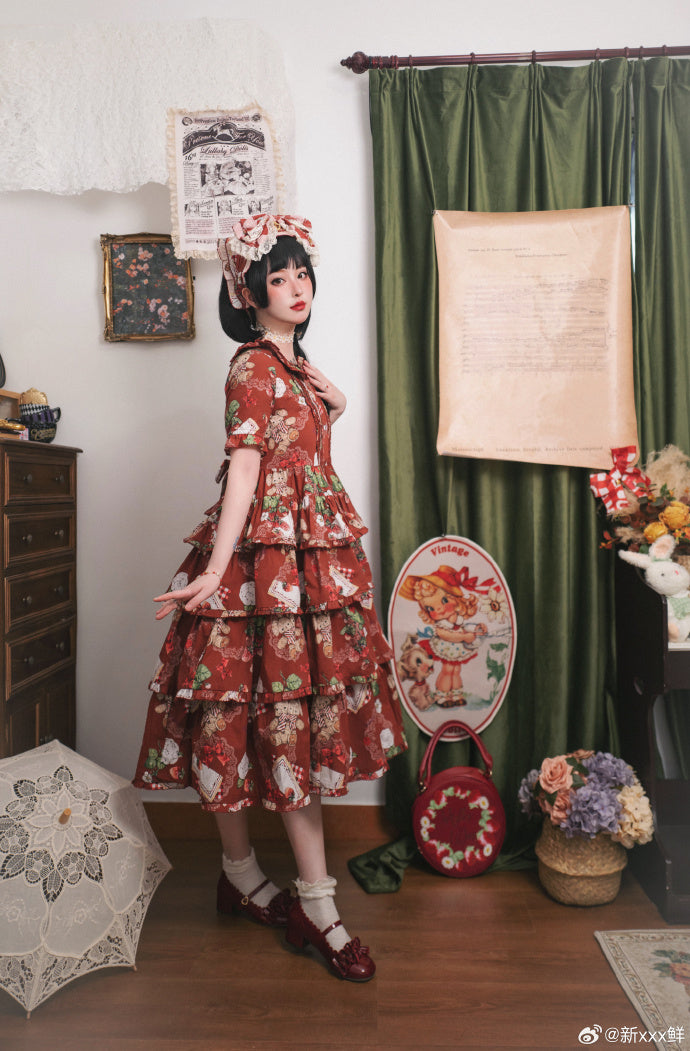 Camellia Berry Short Sleeve Dress Tiered Type Long Length