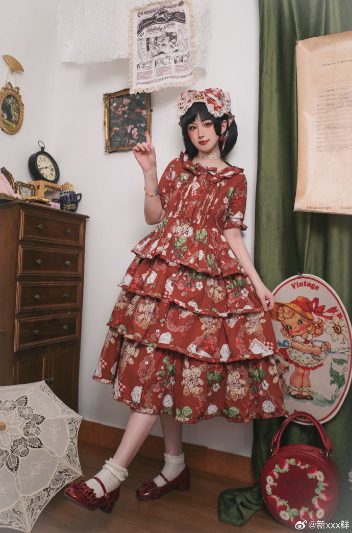 Camellia Berry Short Sleeve Dress Tiered Type Long Length