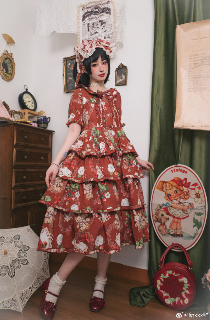 Camellia Berry Short Sleeve Dress Tiered Type Long Length