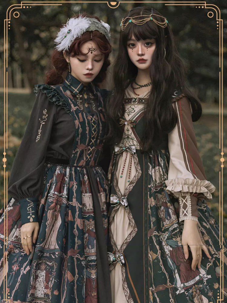Tarot エジプト風クロスリボンのサスペンダースカートとブラウスのセットアップ