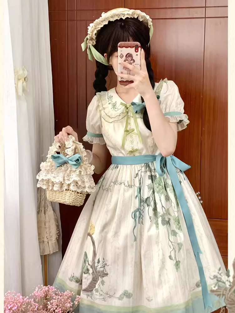Honey Venus White Grape Embroidery Collar Short Sleeve Dress RonRon Honey Venus White Grape Embroidery Collar Short Sleeve Dress RonRon