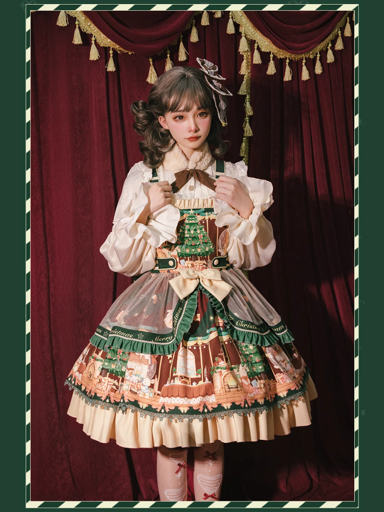ネザーランドドワーフとクリスマスツリーのジャンパースカート ファーティペット付