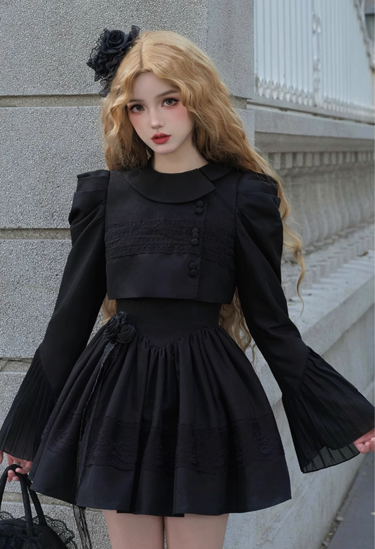 Black rose embroidered collar jumper skirt and jacket, short length