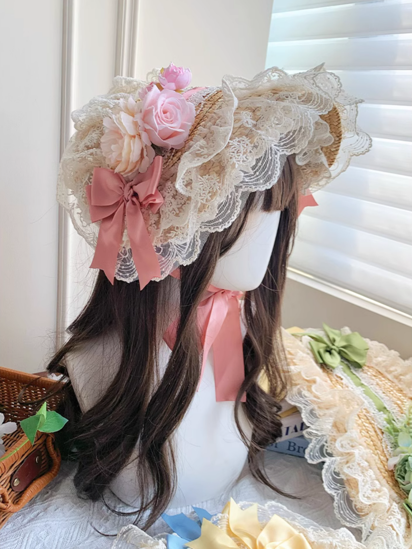 Straw hat bonnet with roses and ribbons