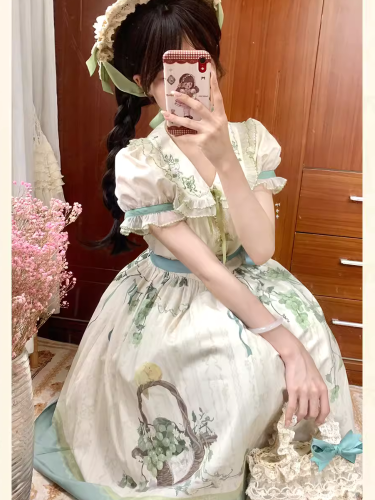Honey Venus 白ぶどうの刺繍襟半袖ワンピース