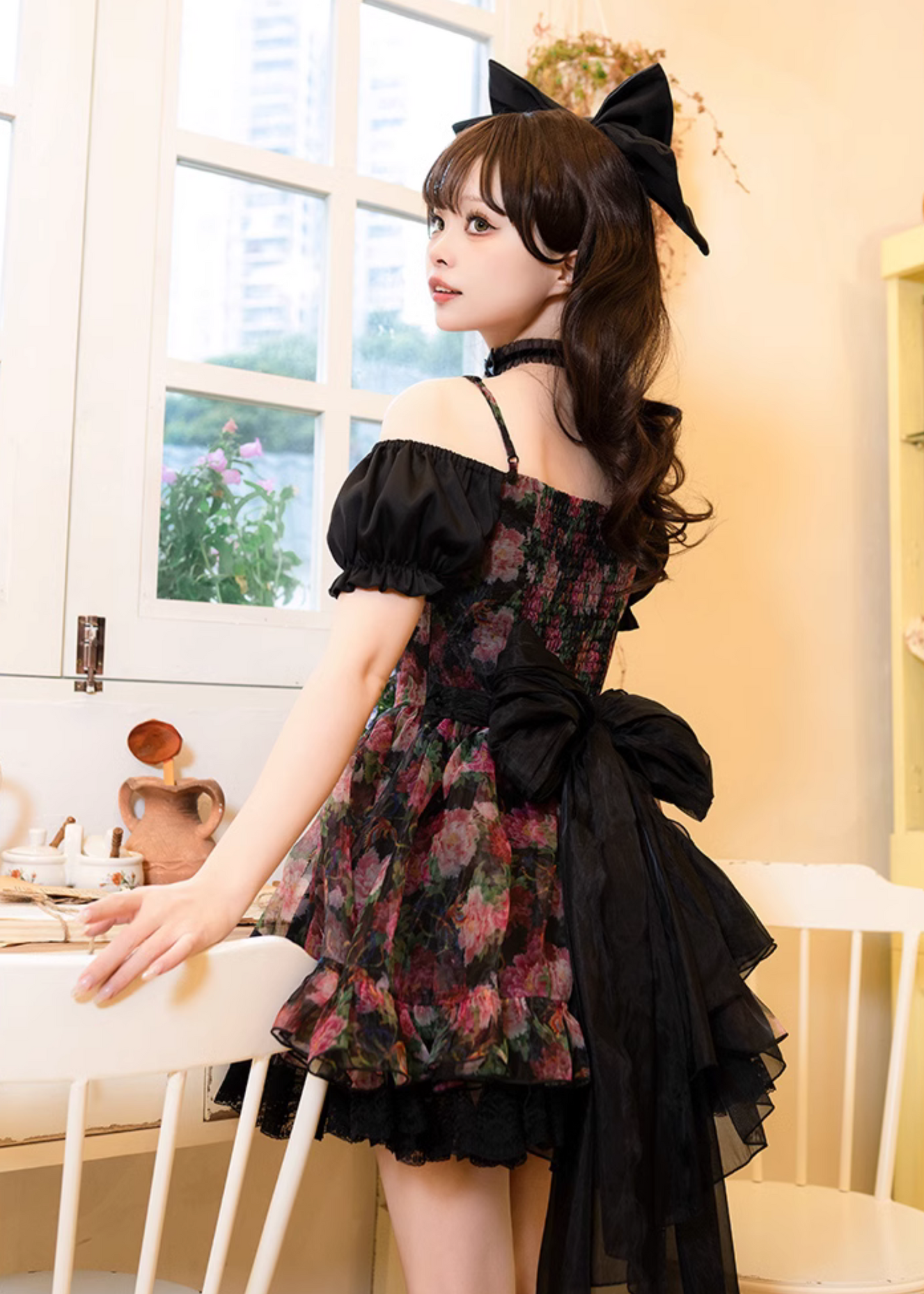 Peony flower 3way black mini dress